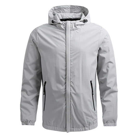 Ecqkame Mens Rain Jackets Windproof with Hood Casual Plus Size Windproof Zip Up Jacket Long Sleeve Casual Soild Outwear Windbreaker Jackets for Men I-Gray XL