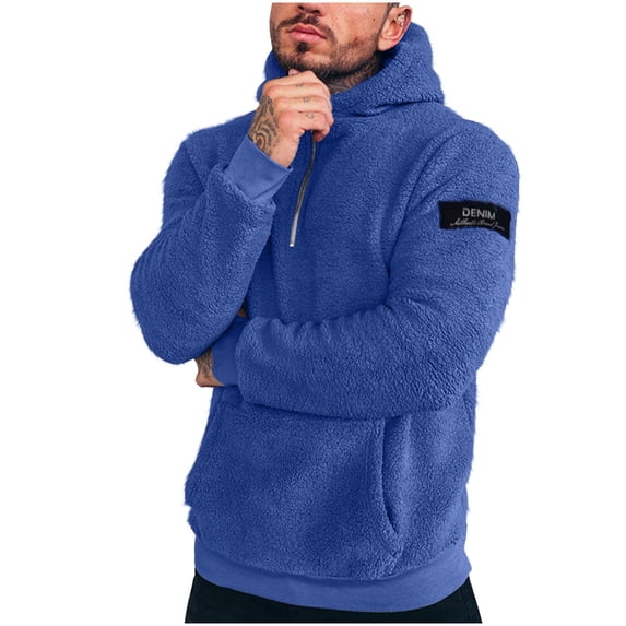 Ecqkame Mens Sherpa Hoodies Fuzzy Velvet Long Sleeve Pullover Sweatshirts Pocket Winter Hooded Textured Fleece Hoodie Blue L
