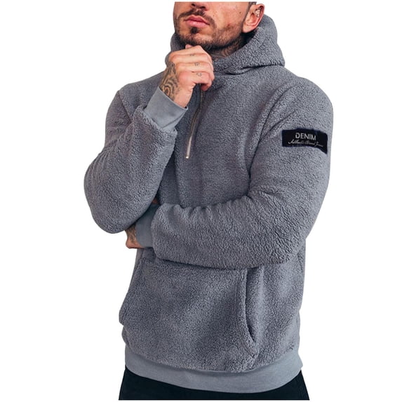 Ecqkame Mens Sherpa Hoodies Fuzzy Velvet Long Sleeve Pullover Sweatshirts Pocket Winter Hooded Textured Fleece Hoodie Gray XXXL