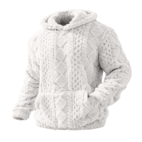 Ecqkame Mens Sherpa Hoodies Fuzzy Velvet Long Sleeve Pullover Sweatshirts Pocket Winter Hooded Textured Fleece Hoodie White XL