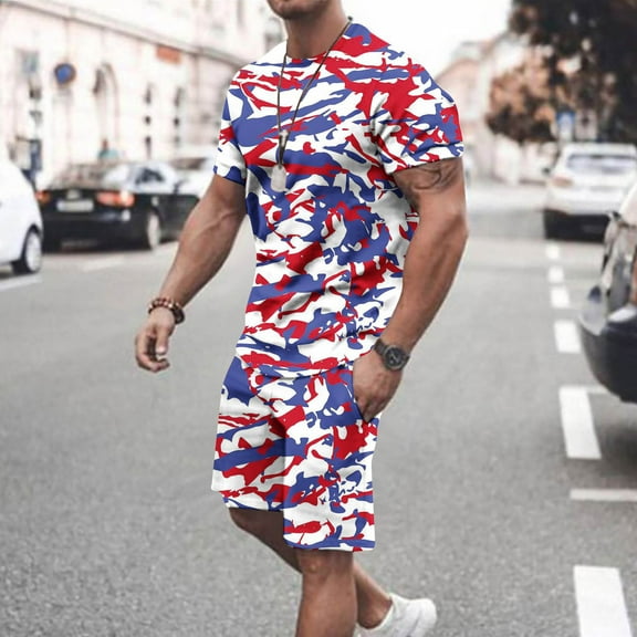Ecqkame Mens Short Sets 2 Piece OutfitsMen's 3D Unlimited Independent Day Printing Set Round Neck Short Sleeve T-shirt Holiday Top Elastic Waist Shorts Two Piece Set Red XL