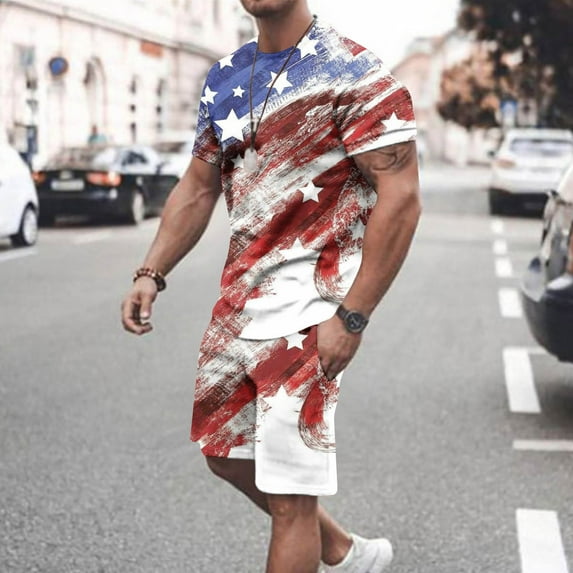 Ecqkame Mens Short Sets 2 Piece Outfits Clearance Men's 3D Unlimited Independent Day Printing Set Round Neck Short Sleeve T-shirt Holiday Top Elastic Waist Shorts Two Piece Set White XL