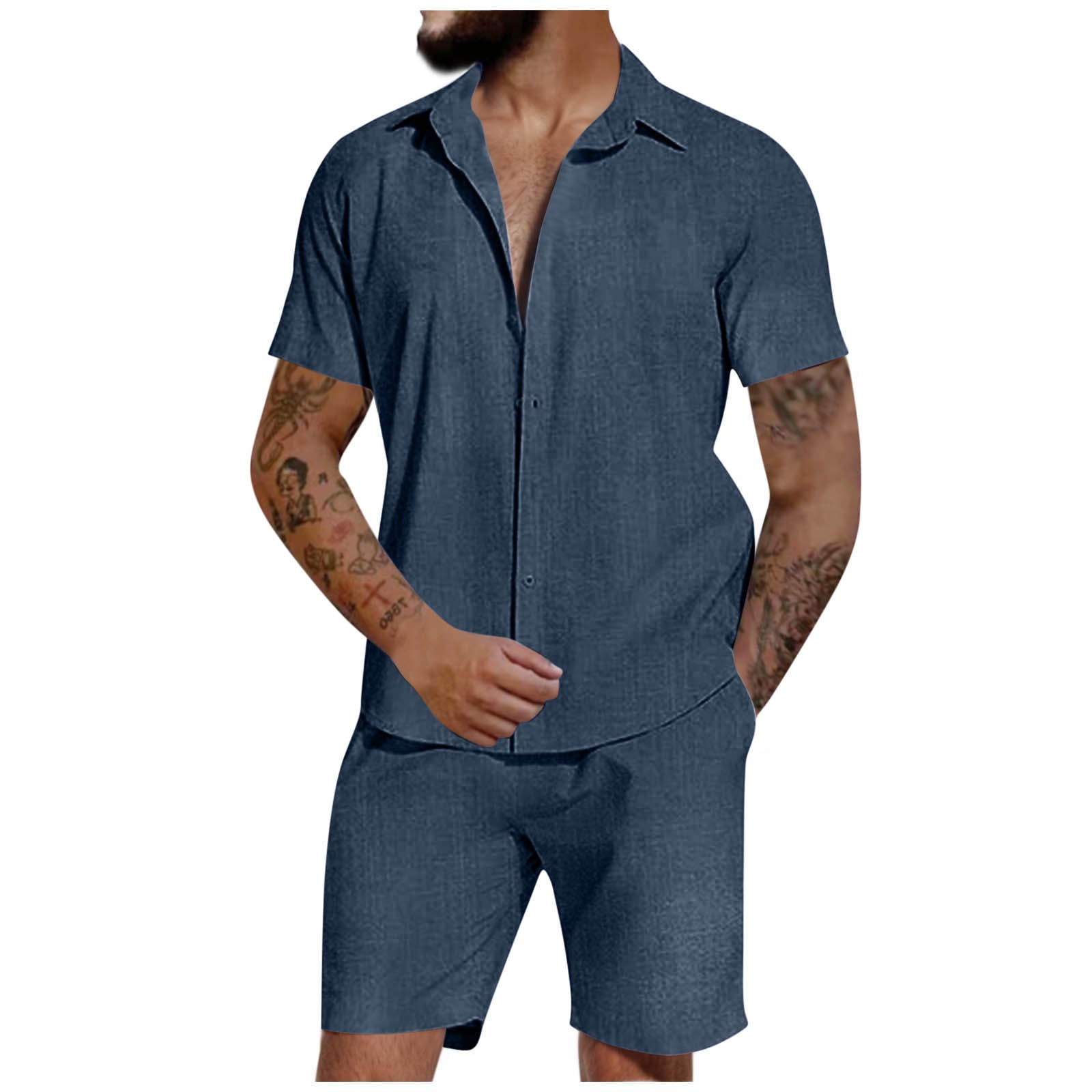 Ecqkame Mens Short Sets 2 Piece Outfits Summer Turndown Collar Button Up Shirts Elastic Waist Shorts Beach Tracksuits Casual Set C-Dark Blue XXL on Clearance