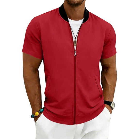 Ecqkame Mens Short Sleeve Jackets Solid Stand Collar Zip Up Lightweight Coats Casual Daily Outdoor Sports Outerwear Top Red XL