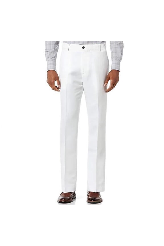 Mens Straight Leg Suit Pants Flat Front Stretch Dress Pant Comfort Casual Business Trousers with Pockets White L