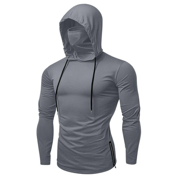 Ecqkame Mens Sunscreen Hoodie Tops Long Sleeve Lightweight Casual Solid Color Sport Top Pullover Workout Hooded Tops with Face Mask 02-Gray L