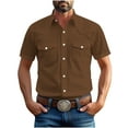 thumbnail image 1 of Ecqkame Mens Vintage Shirts Casual Solid Color Short Sleeve Turndown Collar Tops Lightweight Button Shirt with Pockets 01-Brown XXXXXL, 1 of 6