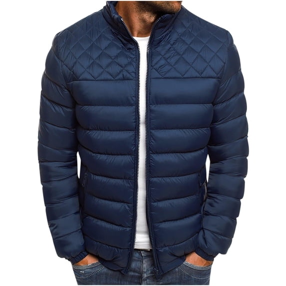 Ecqkame Mens Winter Coats Solid Color Stand Collar Zipper Shoulder Chest Rhombus Men's Cotton Coat Navy A XL