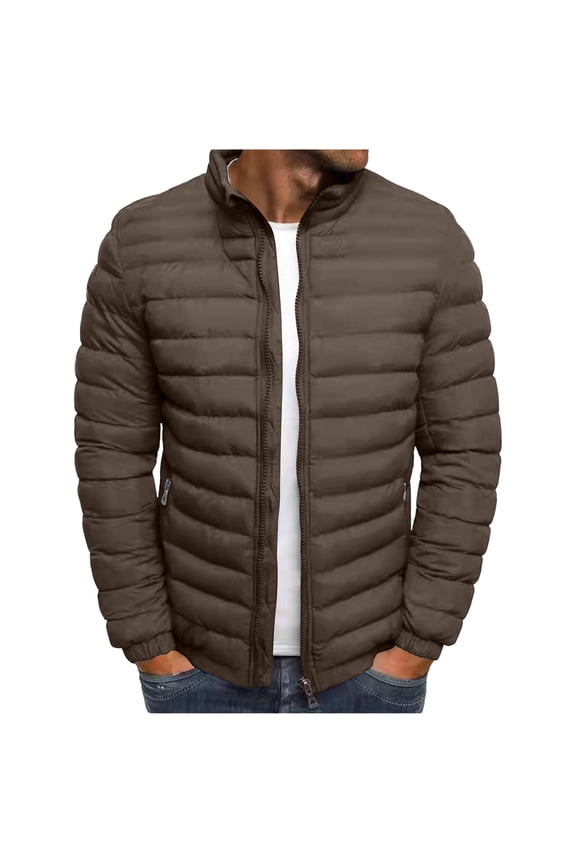 Mens Winter Down Coat Lightweight Thicken Padded Outerwear Coat Stand Collar Hiking Travel Warm Outdoor Jacket Brown S