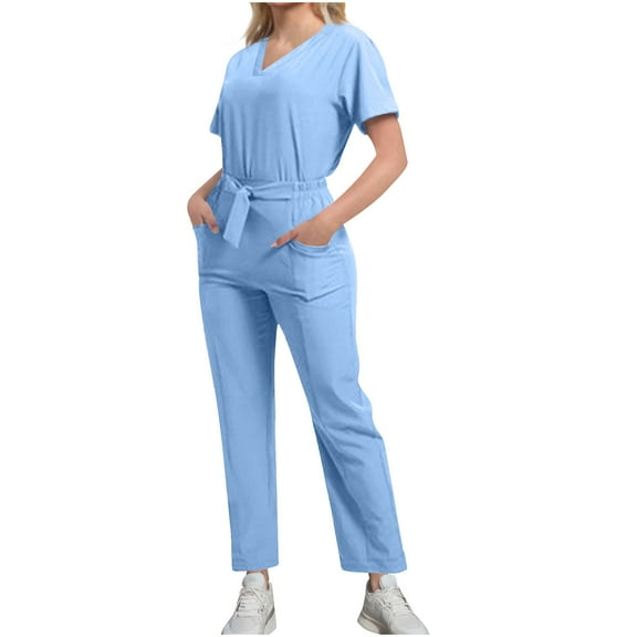 Ecqkame Two Piece Sets for Women Summer Cool Stretch Solid Color V-Neck Pocket Top and Straight-Leg Pant Set Light Blue XL
