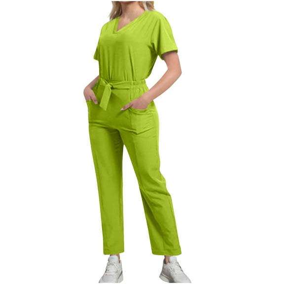 Ecqkame Two Piece Sets for Women Summer Cool Stretch Solid Color V-Neck Pocket Top and Straight-Leg Pant Set Mint Green XXL