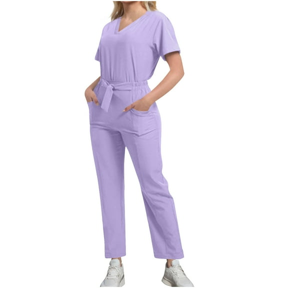 Ecqkame Two Piece Sets for Women Summer Cool Stretch Solid Color V-Neck Pocket Top and Straight-Leg Pant Set Purple L