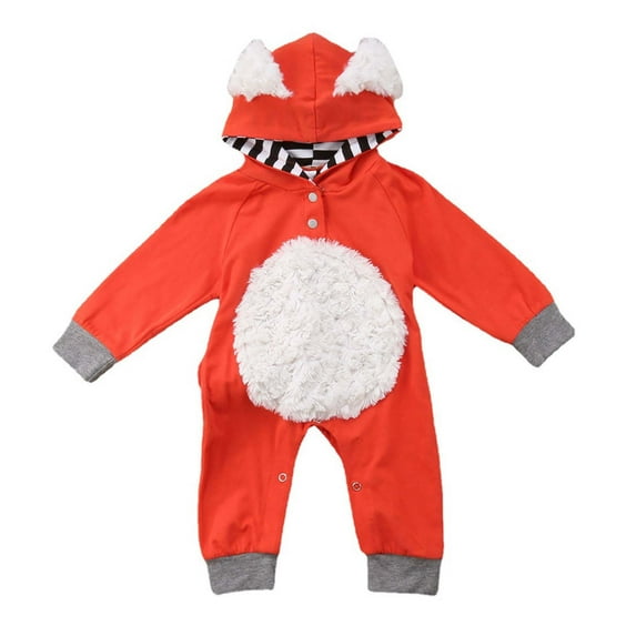 Ecqkame Newborn Baby Boys Girls Foxs Romper Hooded Toddler Infant Cute Long Sleeved Jumpsuit Outdoor Clothes with Tail Red 12 Months