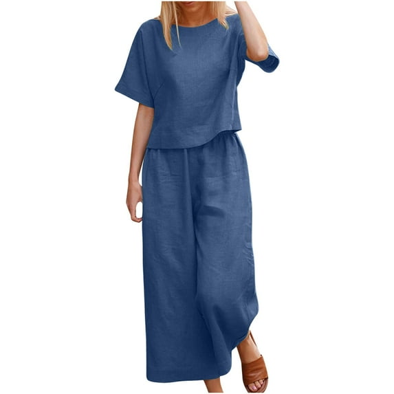 Ecqkame Outfits for Women Loose Casual Solid Color Round Neck Short Sleeve Wide Leg Bezch Sets Womens Outfits Navy XXL on Clearance