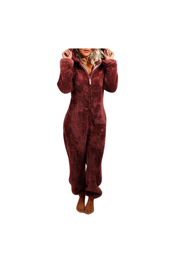 Overalls For Women Rompers Jumpsuit Women Long Sleeve Hooded Jumpsuit Pajamas Casual Winter Warm Rompe Sleepwear Wine M
