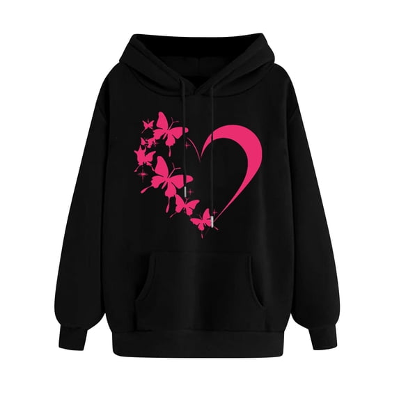 Ecqkame Oversized Sweatshirt for Women Heart Print Winter Hoodie Pullover Tops Long Sleeved Comfortable Athletic Sweatshirt with Pocket D-Black XXL
