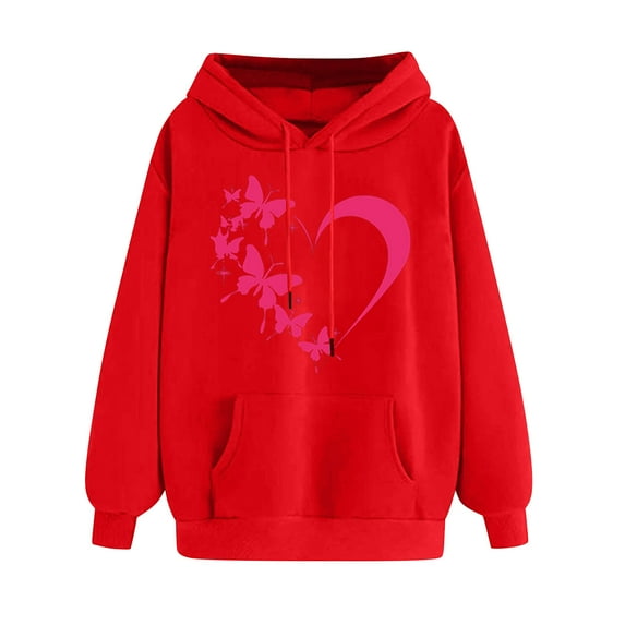 Ecqkame Oversized Sweatshirt for Women Heart Print Winter Hoodie Pullover Tops Long Sleeved Comfortable Athletic Sweatshirt with Pocket D-Red M