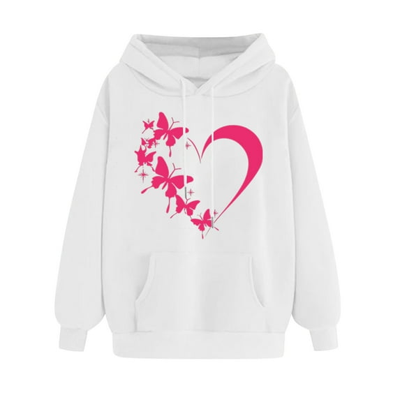 Ecqkame Oversized Sweatshirt for Women Heart Print Winter Hoodie Pullover Tops Long Sleeved Comfortable Athletic Sweatshirt with Pocket D-White L