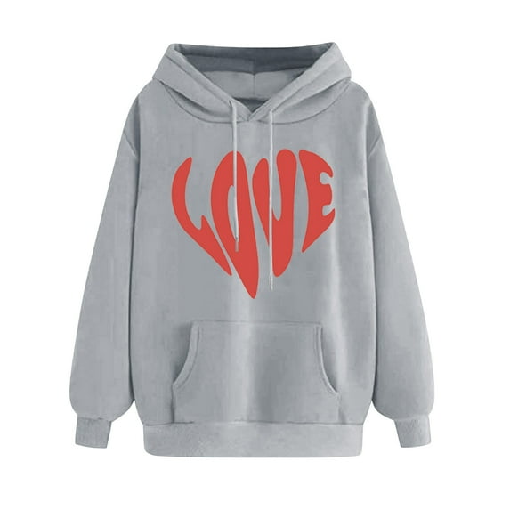 Ecqkame Oversized Sweatshirt for Women Heart Print Winter Hoodie Pullover Tops Long Sleeved Comfortable Athletic Sweatshirt with Pocket G-Gray M on Clearance