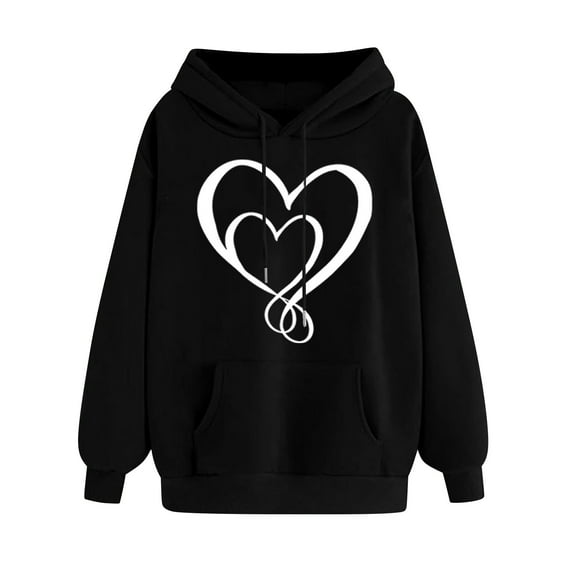Ecqkame Oversized Sweatshirt for Women Heart Print Winter Hoodie Pullover Tops Long Sleeved Comfortable Athletic Sweatshirt with Pocket L-Black XL