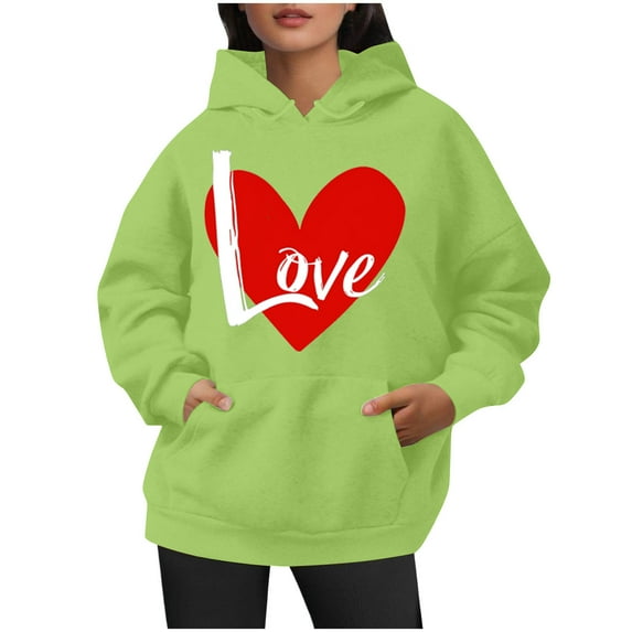 Ecqkame Oversized Sweatshirt for Women Heart Print Winter Hoodie Pullover Tops Long Sleeved Comfortable Athletic Sweatshirt with Pocket M-Mint Green M on Clearance