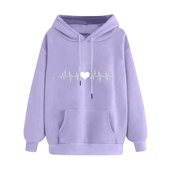 Ecqkame Oversized Sweatshirt for Women Heart Print Winter Hoodie Pullover Tops Long Sleeved Comfortable Athletic Sweatshirt with Pocket N-Purple XL
