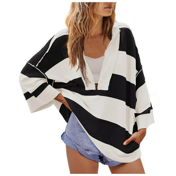Ecqkame Oversized Sweatshirt for Women Trendy Casual Striped Color Block Shirt Half Zip Sweatshirts V Neck Long Sleeve Pullover Tops Black M