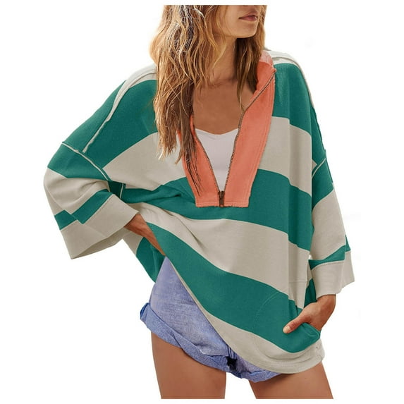 Ecqkame Oversized Sweatshirt for Women Trendy Casual Striped Color Block Shirt Half Zip Sweatshirts V Neck Long Sleeve Pullover Tops Green M