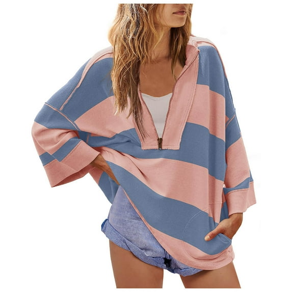 Ecqkame Oversized Sweatshirt for Women Trendy Casual Striped Color Block Shirt Half Zip Sweatshirts V Neck Long Sleeve Pullover Tops Pink XXL