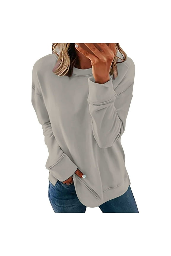 Oversized Sweatshirt for Women Crew Neck Solid Color Sweatshirt Long Sleeve Casual Lightweight Pullover Tops A-Silver S