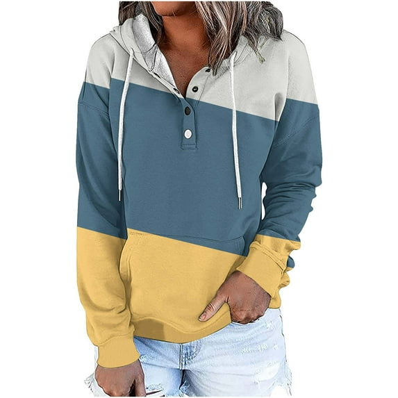 Ecqkame Oversized Sweatshirt for Women Drawstring Hoodies Sweater Block Color Long-Sleeved Casual Pullover Tops Navy M