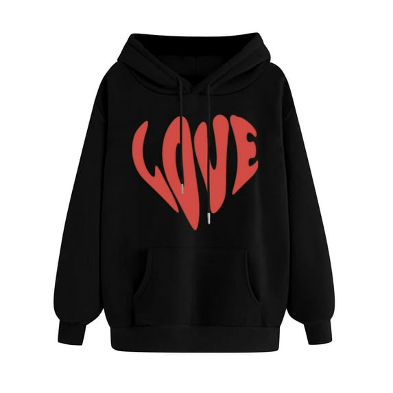 Ecqkame Oversized Sweatshirt for Women Heart Print Winter Hoodie Pullover Tops Long Sleeved Comfortable Athletic Sweatshirt with Pocket G-Black L