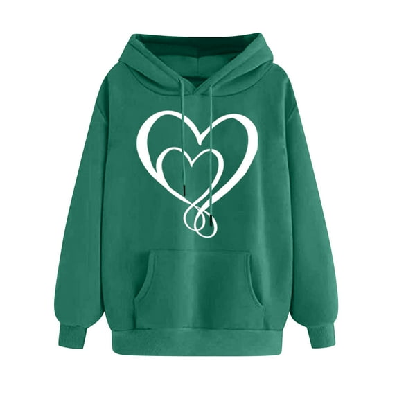 Ecqkame Oversized Sweatshirt for Women Heart Print Winter Hoodie Pullover Tops Long Sleeved Comfortable Athletic Sweatshirt with Pocket L-Green L