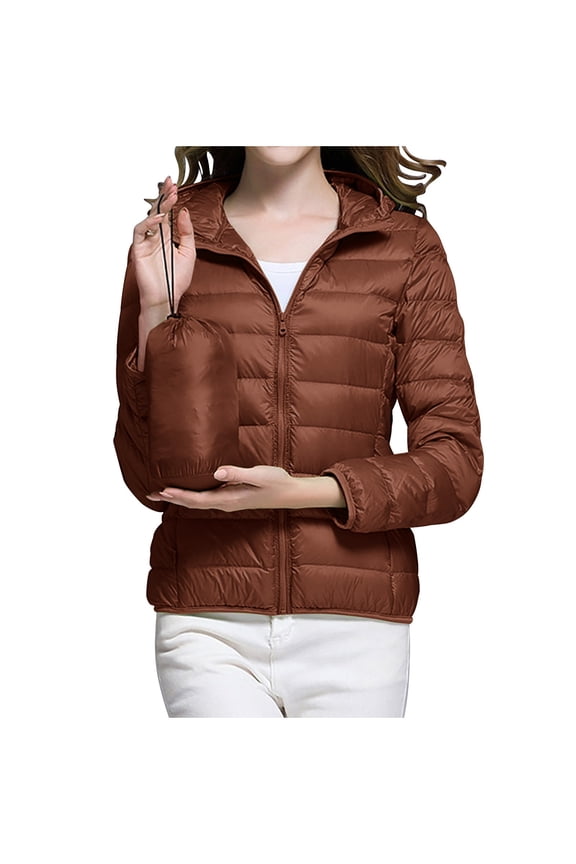 Packable Puffer Jacket Womens Hooded Lightweight Long Sleeved Full Zip Solid Color Coats With Pocket Coffee S