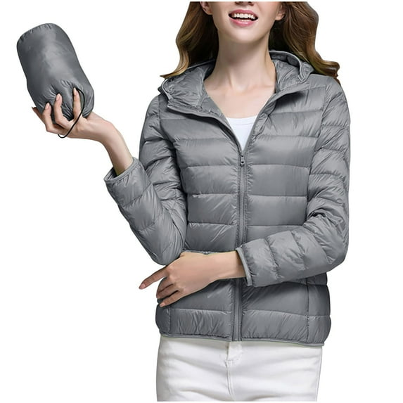Ecqkame Packable Puffer Jacket Womens Hooded Lightweight Long Sleeved Full Zip Solid Color Coats With Pocket Gray XL on Clearance