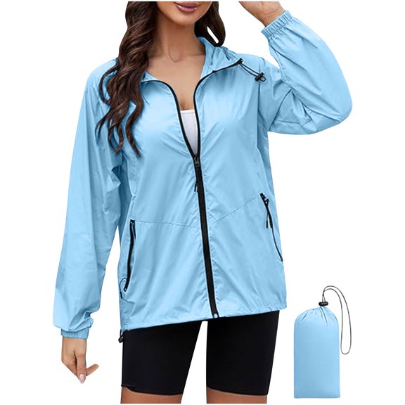 Ecqkame Packable Rain Jacket Women Hooded Lightweight Zip Up Outerwear Rainproof Jackets Windbreaker Solid Raincoat With Pockets And Storage Bag Blue L