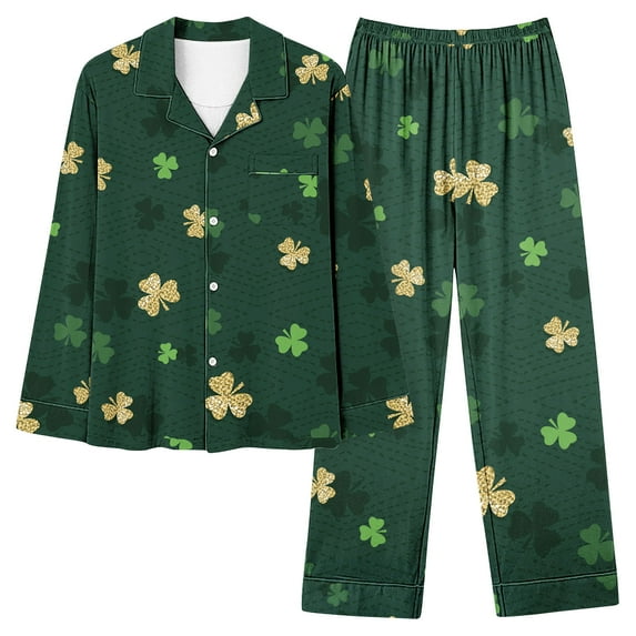 Ecqkame Pajama Sets for Women 2 Piece St. Patrick's Day Printed Laungwear Long Sleeve Tops Full Length Pants Pajamas Suit Dark Green B XL