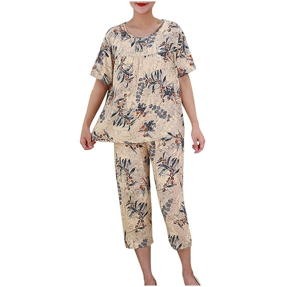Ecqkame Pajama Sets for Women 2 Piece Cotton Short Sleeve Crew Neck Top and Capris Sets Women's Plus Size Pajamas Set Gray XL