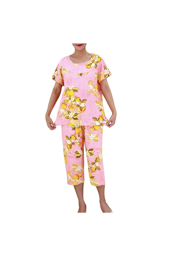 Pajama Sets for Women 2 Piece Cotton Short Sleeve Crew Neck Top and Capris Sets Women's Plus Size Pajamas Set Pink XXXXL