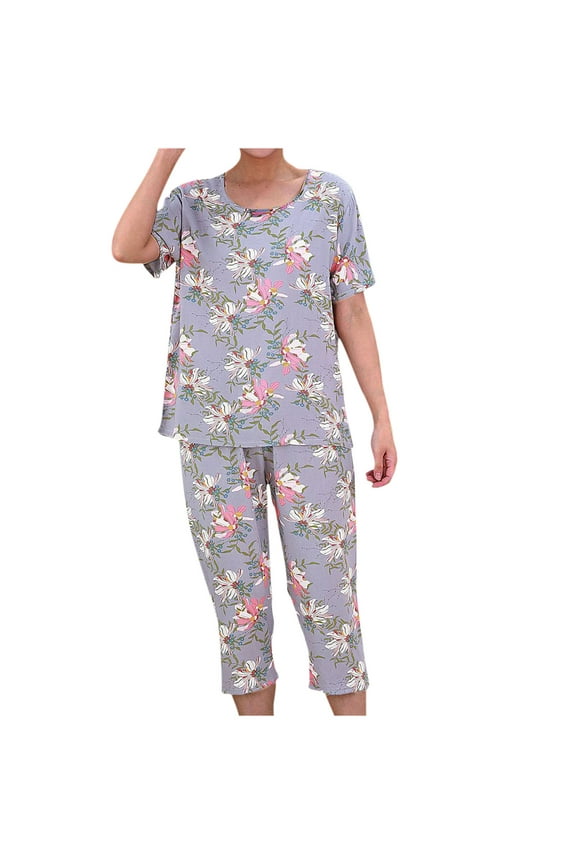 Pajama Sets for Women 2 Piece Cotton Short Sleeve Crew Neck Top and Capris Sets Women's Plus Size Pajamas Set Purple XXXXL