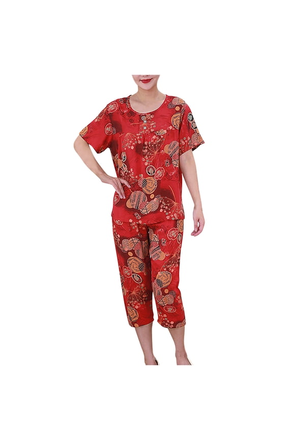 Pajama Sets for Women 2 Piece Cotton Short Sleeve Crew Neck Top and Capris Sets Women's Plus Size Pajamas Set Red B XXXXL