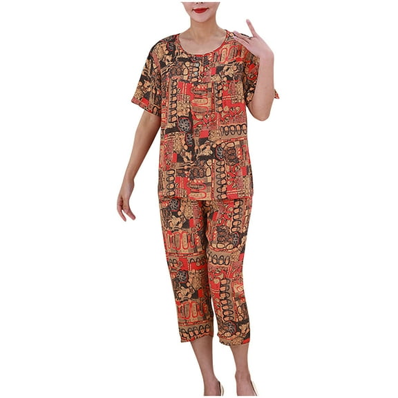 Ecqkame Pajama Sets for Women 2 Piece Cotton Short Sleeve Crew Neck Top and Capris Sets Women's Plus Size Pajamas Set Red XL