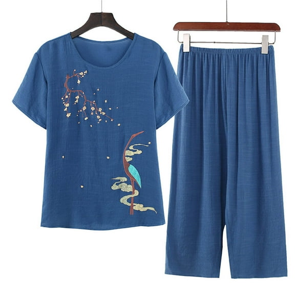 Ecqkame Pajama Sets for Women 2 Piece Loungewear Short Sleeve Pullover Tops and Wide Leg Pants Outfits B-Blue XXXL