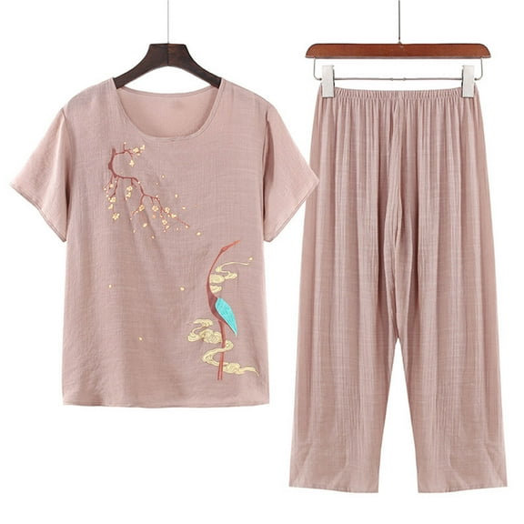 Ecqkame Pajama Sets for Women 2 Piece Loungewear Short Sleeve Pullover Tops and Wide Leg Pants Outfits B-Khaki XL