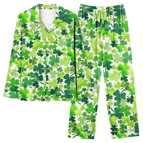 Ecqkame Pajama Sets for Women 2 Piece St. Patrick's Day Printed Laungwear Long Sleeve Tops Full Length Pants Pajamas Suit Green C XXL on Clearance