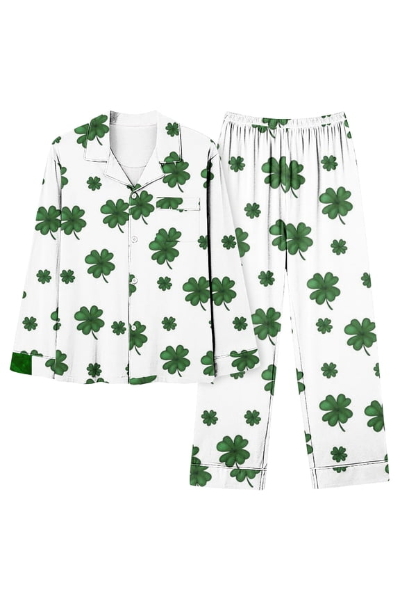 Pajama Sets for Women 2 Piece St. Patrick's Day Printed Laungwear Long Sleeve Tops Full Length Pants Pajamas Suit Pale Green E S
