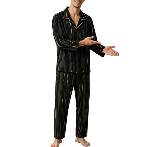Ecqkame Pajamas for Men Set Lapel Long Sleeve Button Top and Elastic Waist Pants Casual Comfy 2 Piece Home Sleepwear Sets Black XXXXL