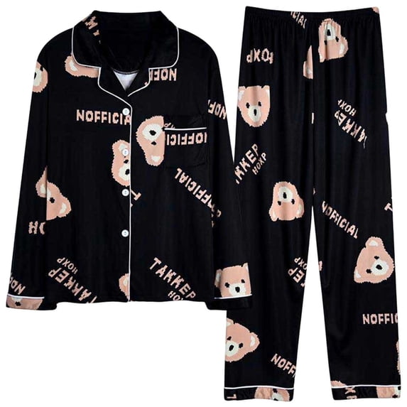 Ecqkame Pajamas for Women Set Casual Print Lapel Button Long Sleeve Top Elastic Waist Pants Loungewear Loose Comfy 2 Piece Sleepwear Sets Black L