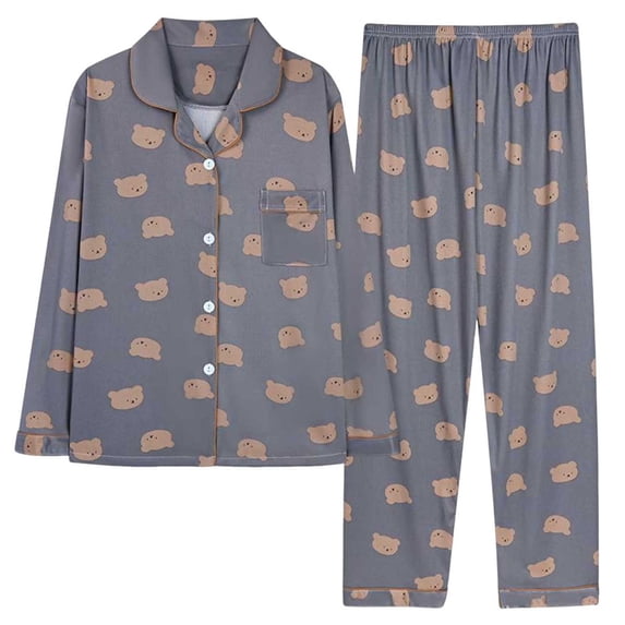 Ecqkame Pajamas for Women Set Casual Print Lapel Button Long Sleeve Top Elastic Waist Pants Loungewear Loose Comfy 2 Piece Sleepwear Sets Gray M