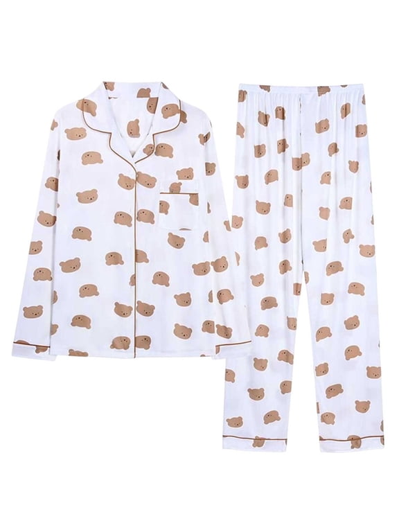 Pajamas for Women Set Casual Print Lapel Button Long Sleeve Top Elastic Waist Pants Loungewear Loose Comfy 2 Piece Sleepwear Sets White S